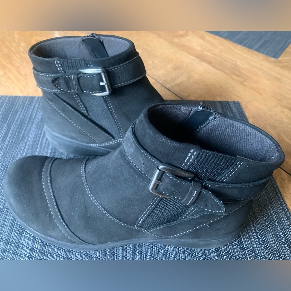 Booties-Clarks Womens Carleigh Dalia, Black Nubuck, very comfortable!